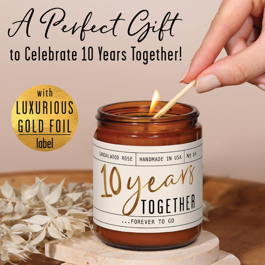 10 Year Anniversary Gift for Wife - Soy Candle, Sandalwood Rose | 50Hr Burn, USA Made
