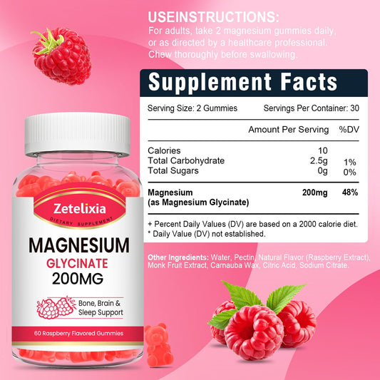 200mg Magnesium Glycinate Gummies – High Absorption Raspberry, 2-Pack (120 Count)