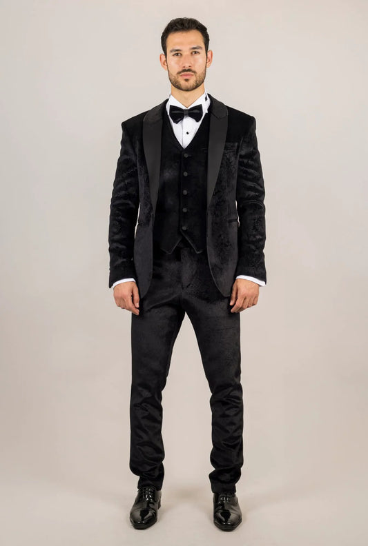 AK-26 - Men's Black 3 Piece Velvet Wedding Tuxedo Suit