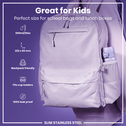 Leak Proof Slim Water Bottle, Stainless Steel, Light Purple, 600ml (20oz)