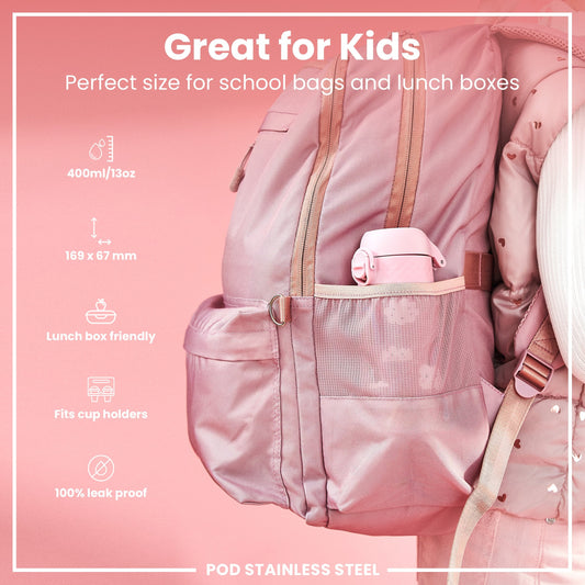 Leak Proof Kids Water Bottle, Stainless Steel, Rainbows, 400ml (13oz)