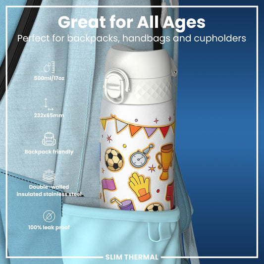 Leak Proof Slim Thermal Steel Water Bottle, Insulated, Football, 500ml (17oz)