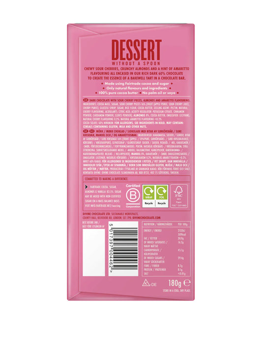 60% Dark Chocolate Bakewell with Cherry & Almond - Divine Chocolate - 180g