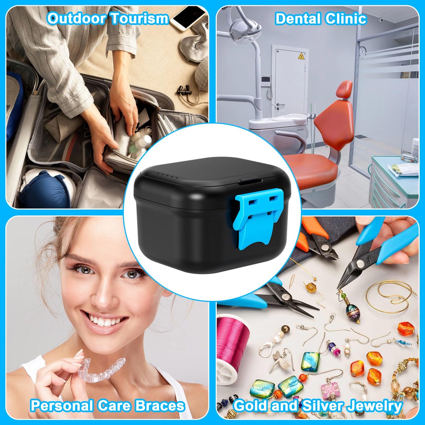 ANYLEY Leak-Proof Denture Cup & Travel Case – Double-Layer, Black & Blue