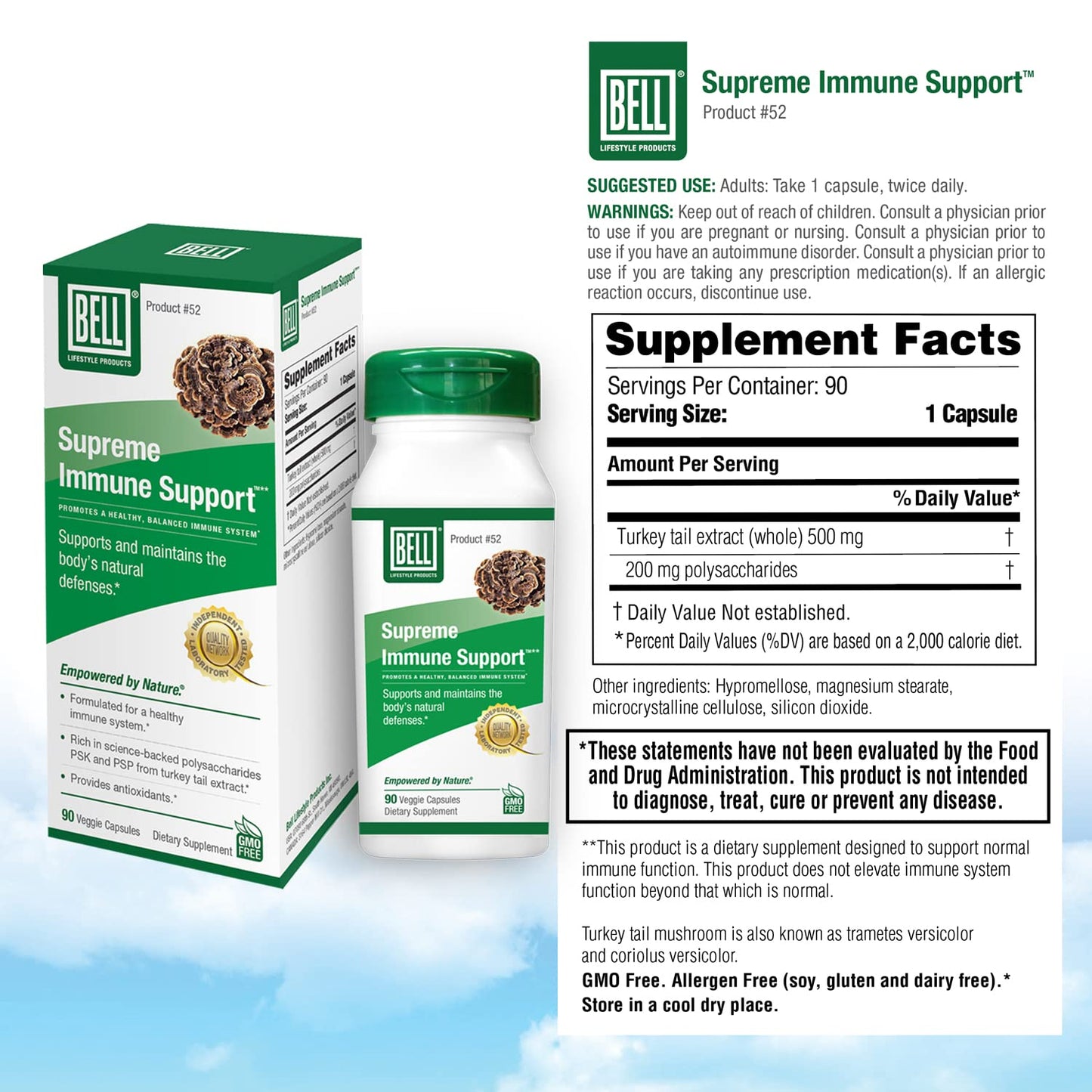 Bell Supreme Immune Support™ Mushroom Supplement - Turkey Tail Blend for Immune Support | 90 Capsules