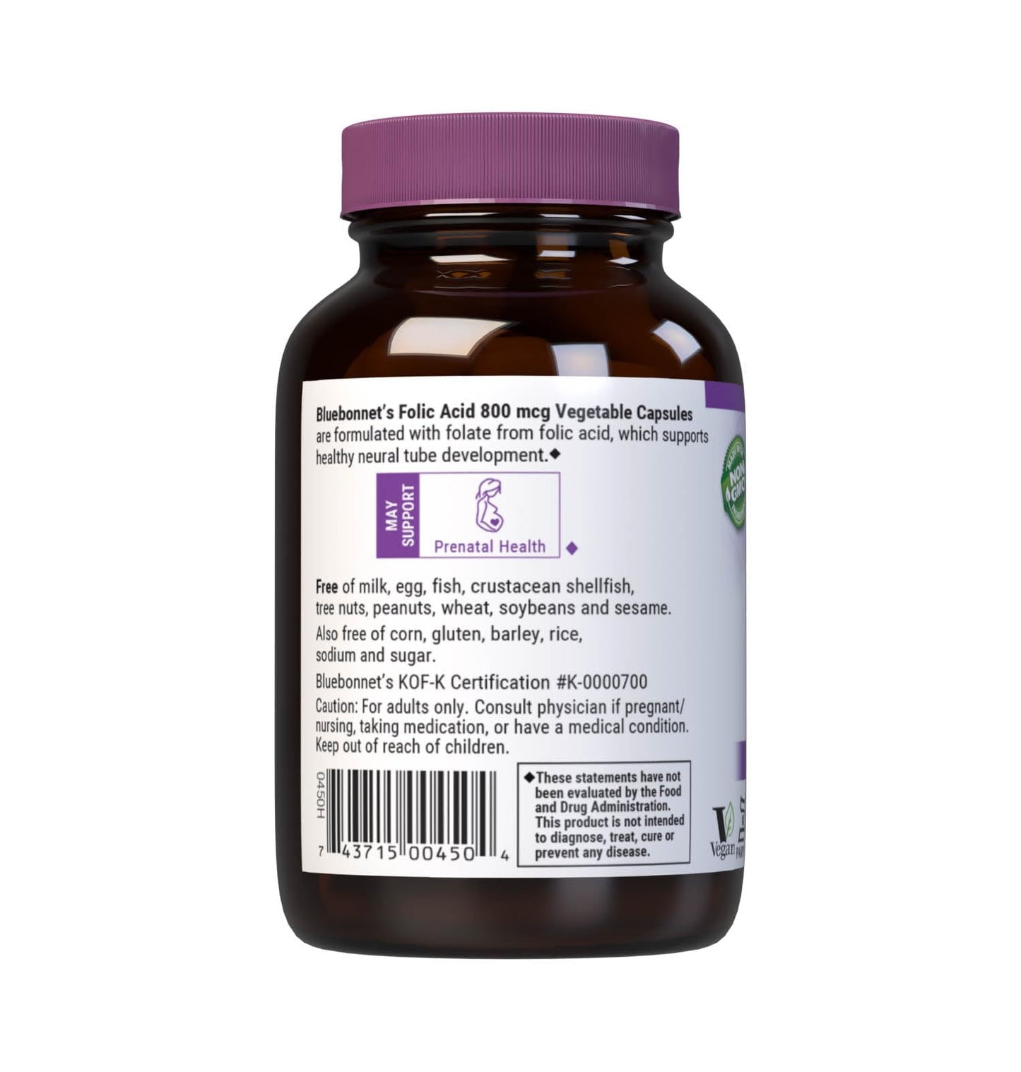 BlueBonnet Nutrition Folic Acid 800 mcg Vegetable Capsules – Non-GMO, Vegan, Kosher, Gluten-Free