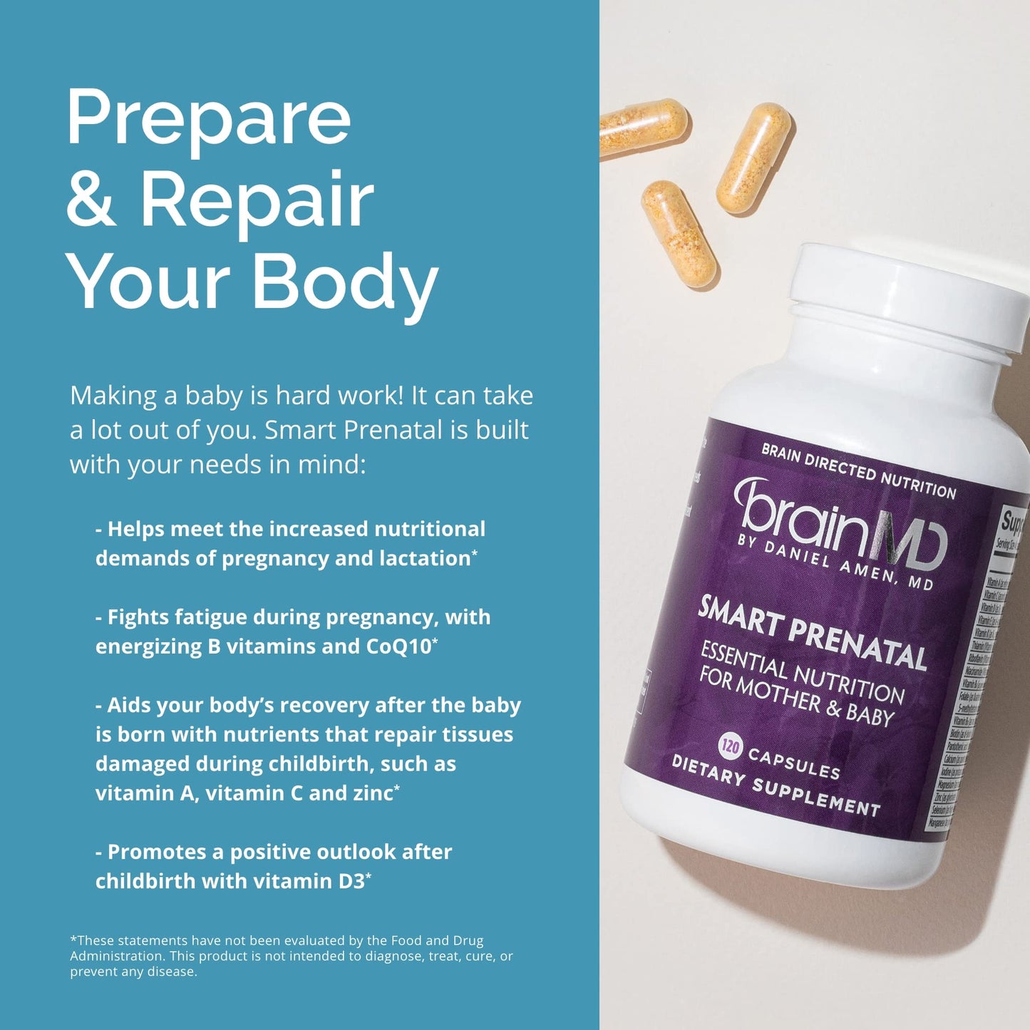 BrainMD Smart Prenatal – 120 Capsules | Gluten-Free Multivitamin for Mom & Baby