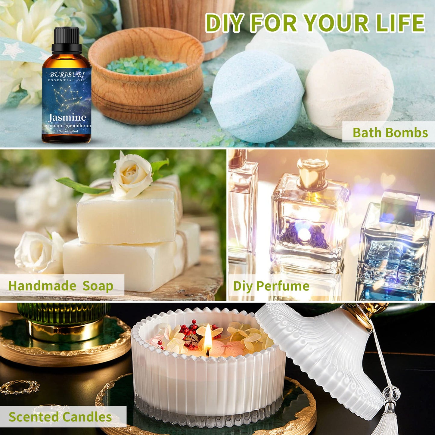 BURIBURI Jasmine Essential Oil 100% Pure Undiluted Aromatherapy Jasmine Oil 100ML/3.38fl.oz for Soap, Candle Making, Massage, Diffuser, Humidifier