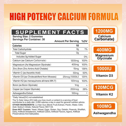 1200mg Calcium Gummies with Vitamin D3 – Sugar-Free, 60 Count | Magnesium, K2 & Zinc