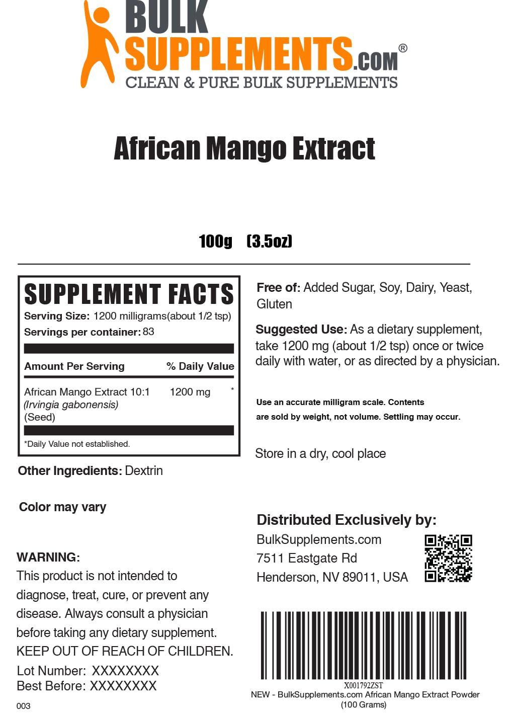 African Mango Extract Powder (Irvingia Gabonensis) – Gluten Free, 100g | BulkSupplements