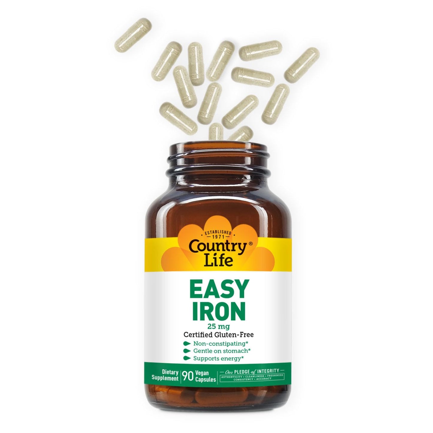 Country Life Easy Iron 25mg Capsules - Gentle Ferrochel, Vegan Iron for Energy