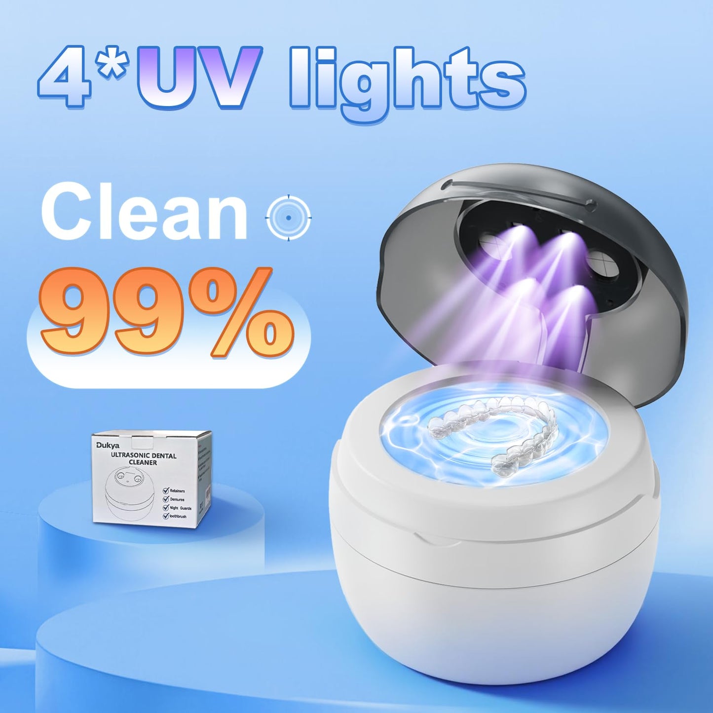 Dukya 2025 Ultrasonic Retainer Cleaner β 4 UV Lights, 45kHz Deep Clean for Dentures, Mouth Guards, Braces, and Toothbrush Heads