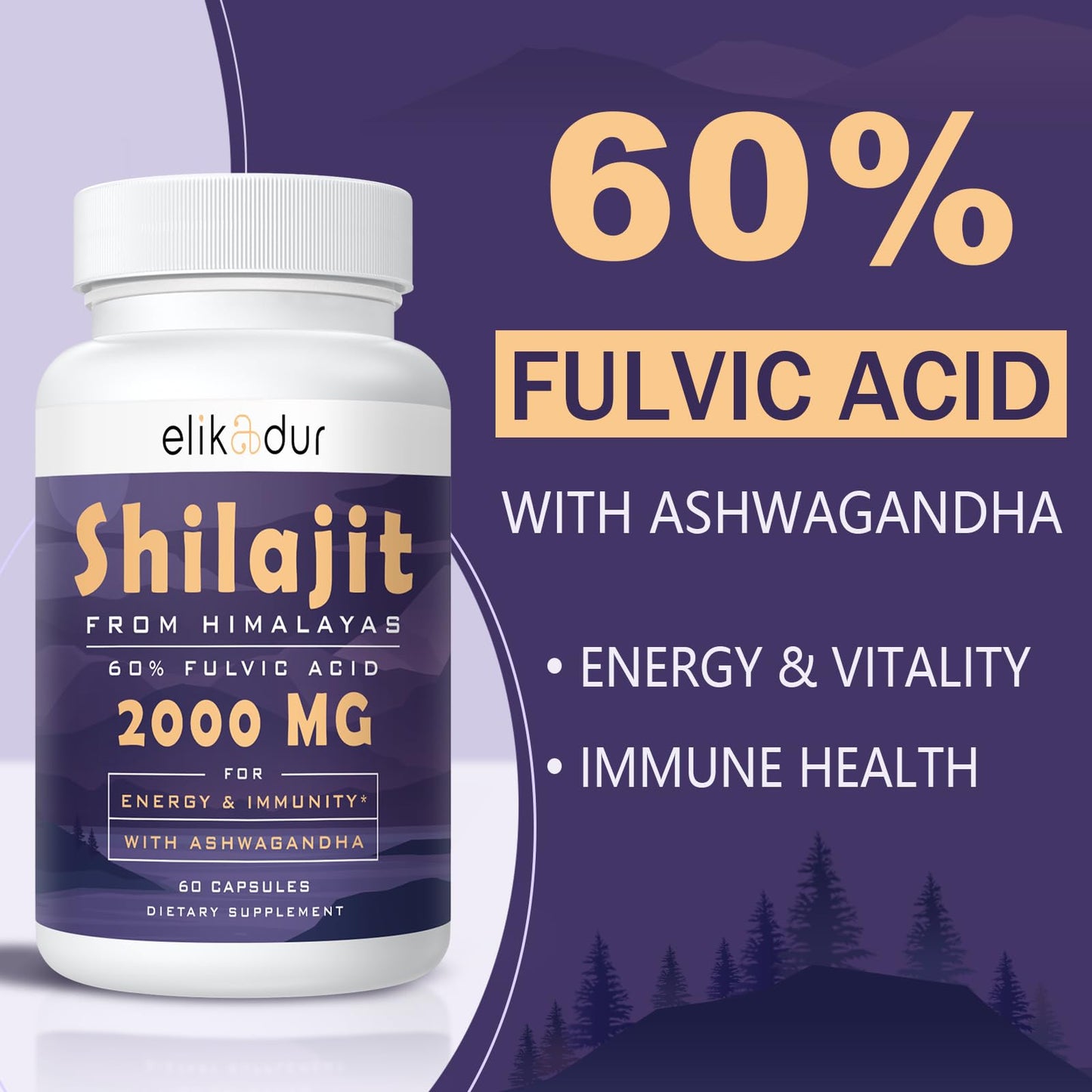 Elikadur 2000 mg Shilajit Supplement β 85+ Minerals, 60% Fulvic Acid, 120 Vegan Capsules