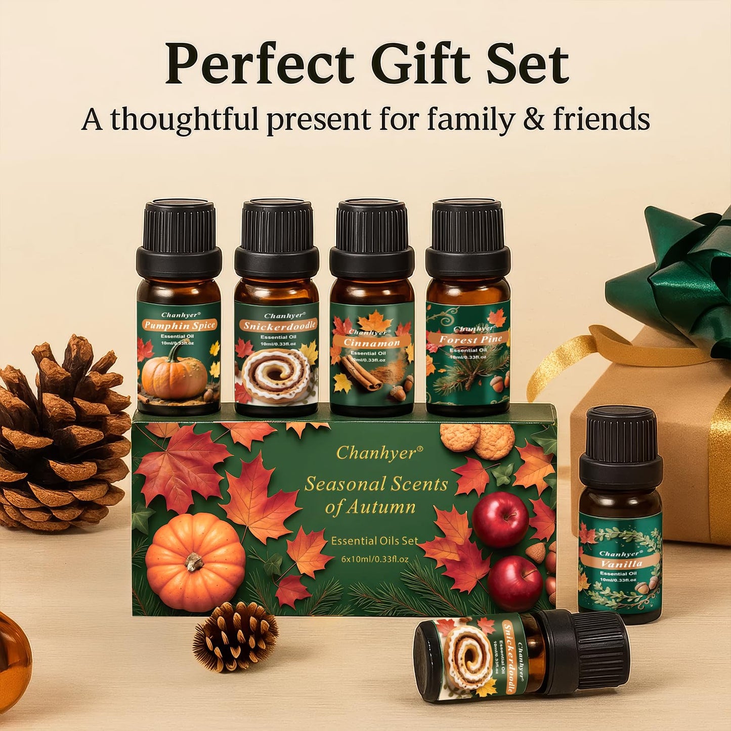 Fall Essential Oils Set 6x10ml – Pumpkin Spice, Apple Cider, Snickerdoodle, Vanilla, Cinnamon, Pine | Autumn Fragrance Oils for Diffusers