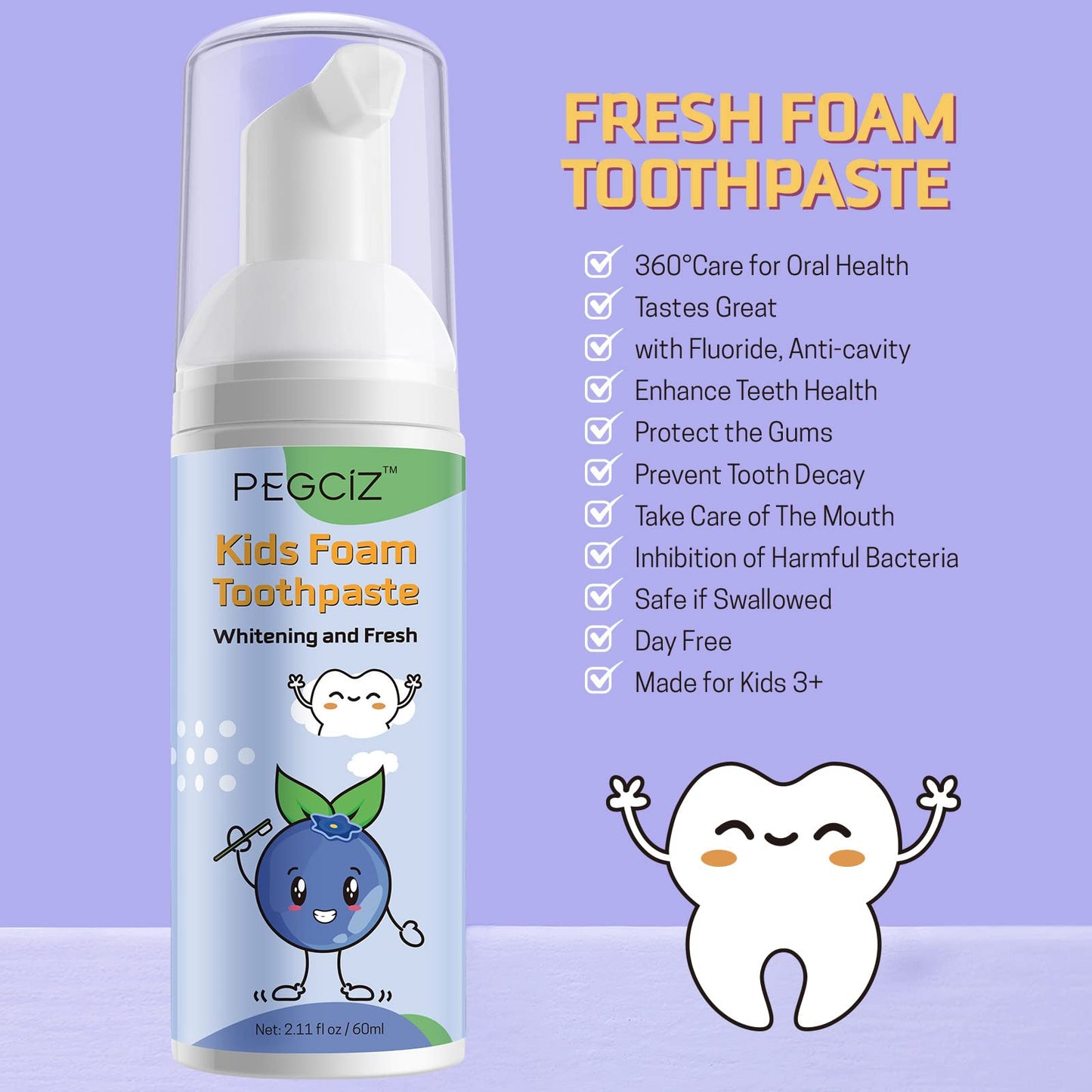 Foam Toothpaste Kids – Fruit Flavor Mouthwash for Toddlers | 360°Care Anti-Cavity with Fluoride