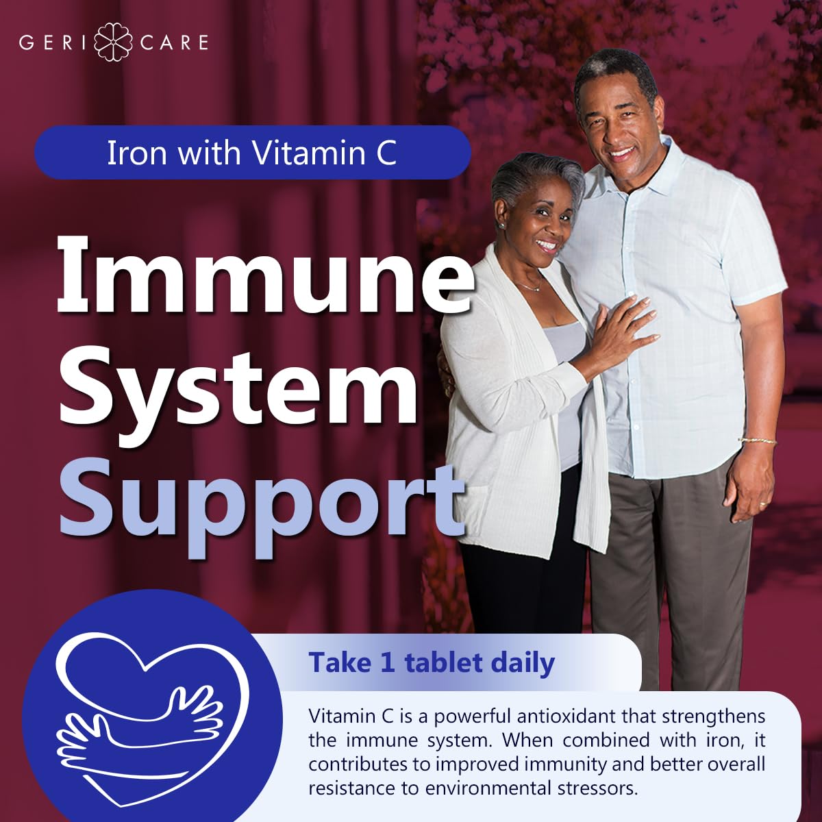 GeriCare Iron 65mg + Vitamin C 125mg Tablets – High-Absorption Iron for Anemia Support (60 Count)