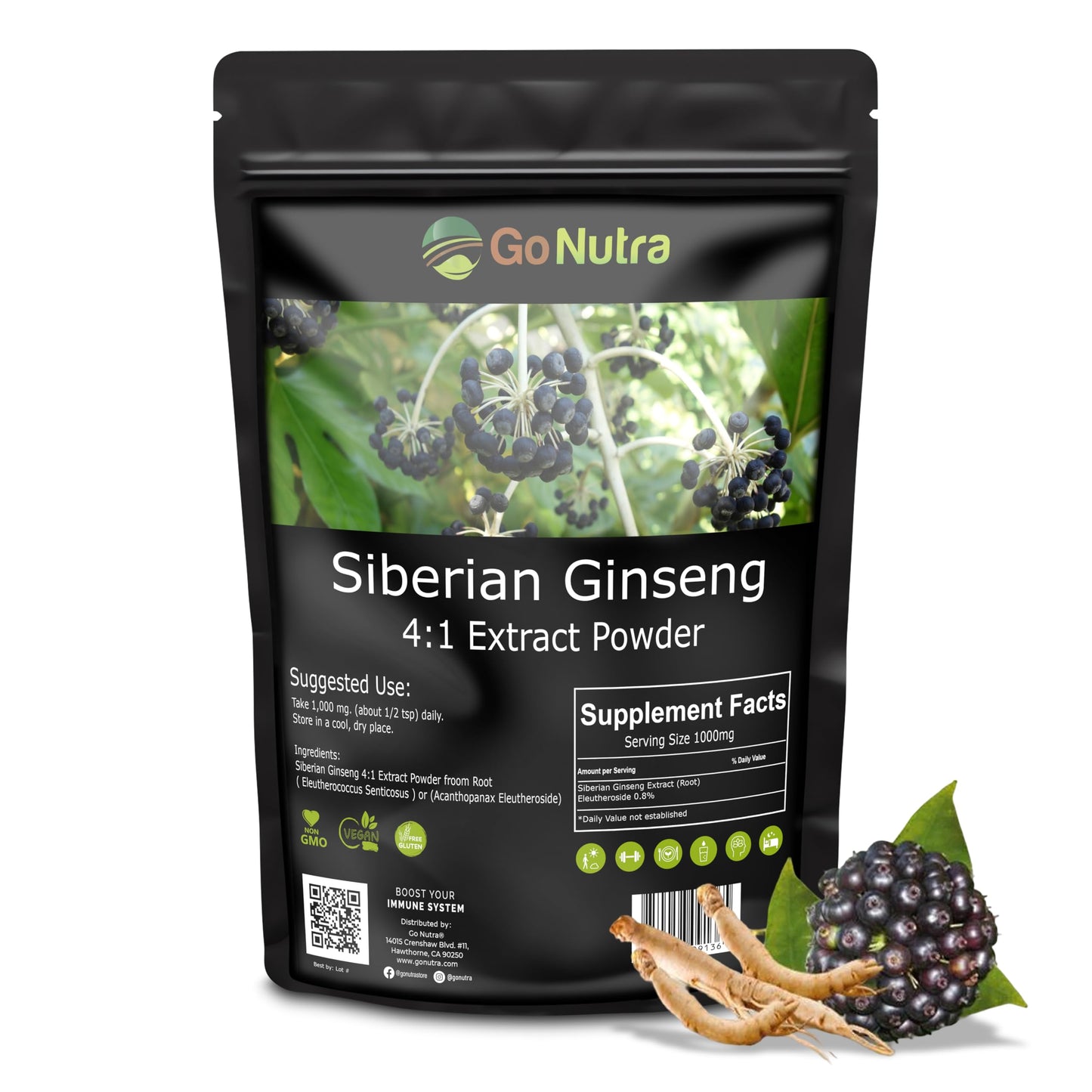 Go Nutra Siberian Ginseng - Eleuthero Root Powder 4:1 Extract | Energy & Stamina | Non-GMO | 4 oz