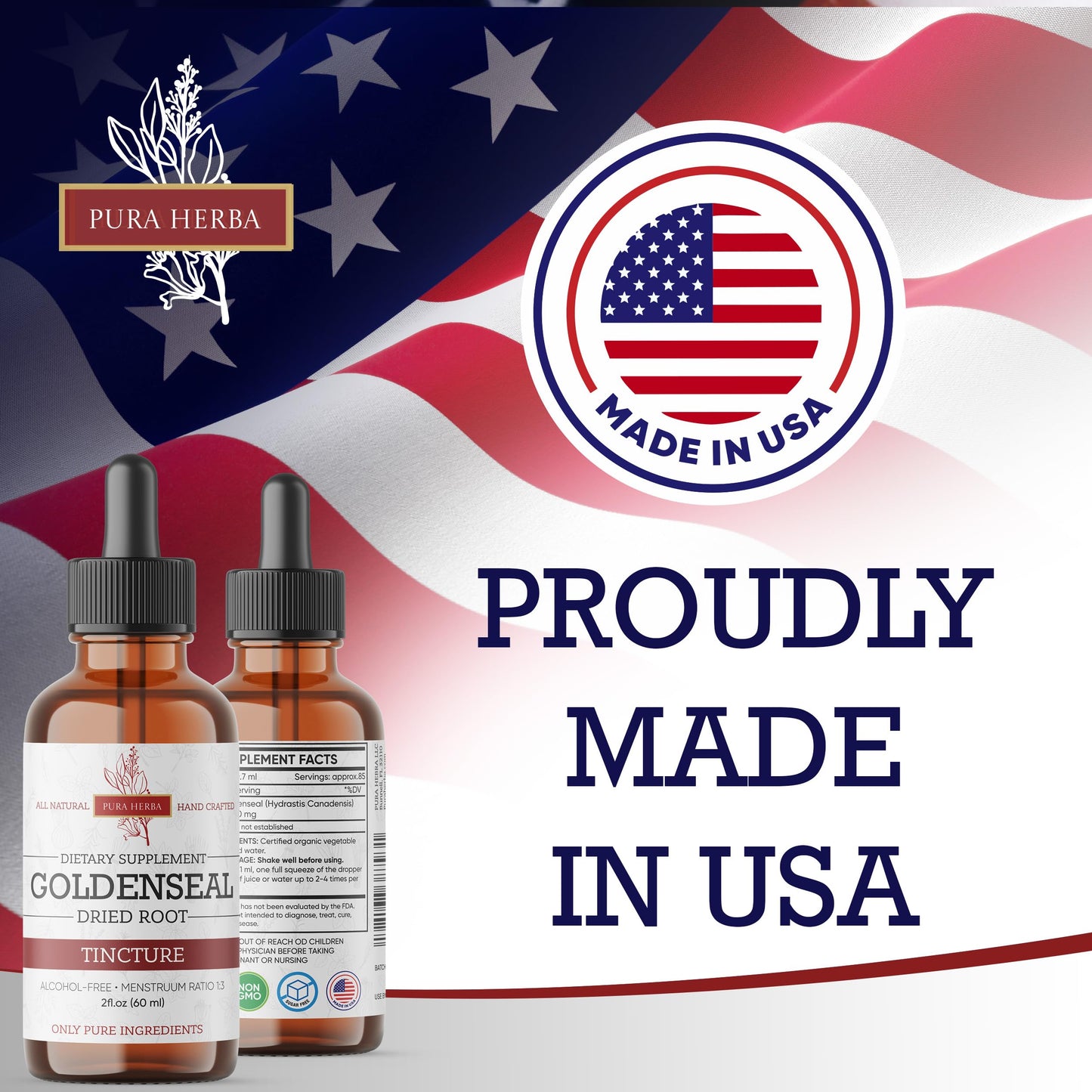 Pura Herba Goldenseal Tincture – Alcohol-Free Herbal Extract | USA-Made 2 oz (60 ml)