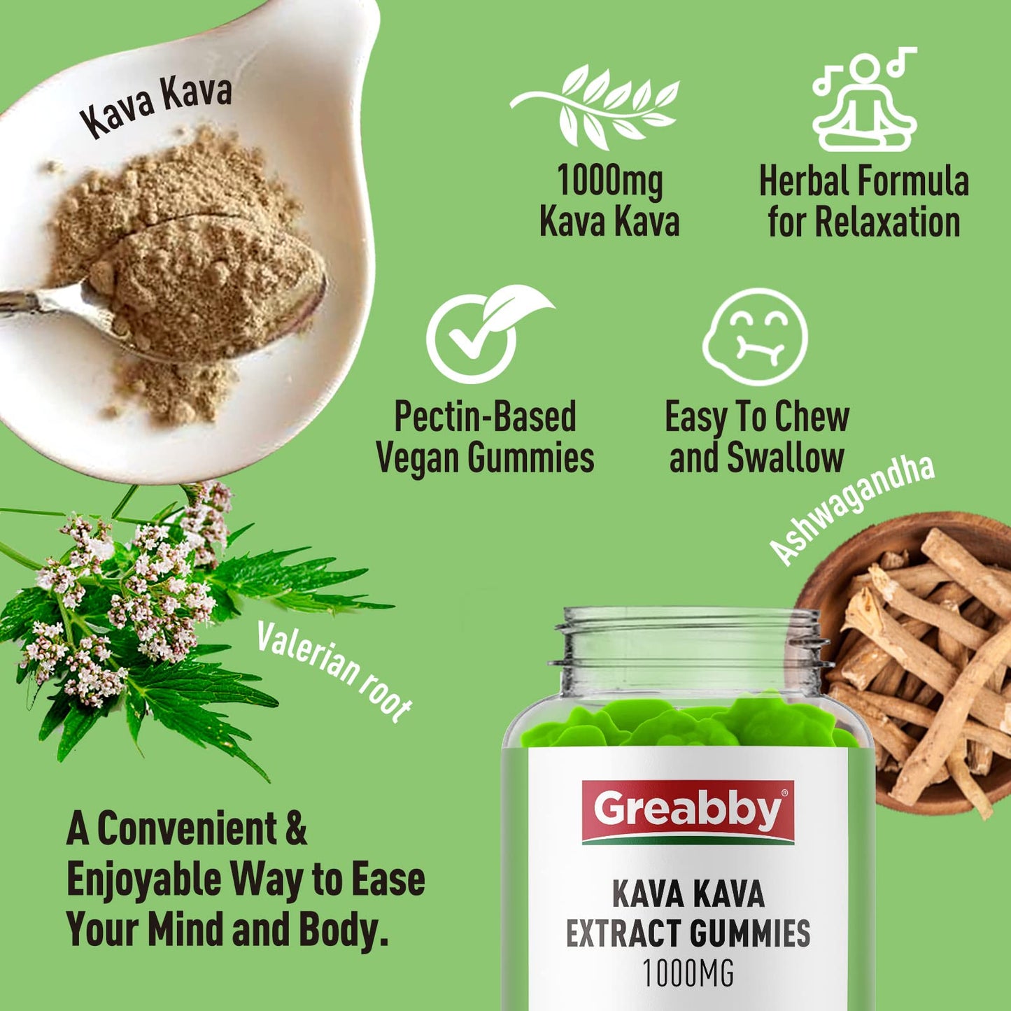 GREABBY Kava Kava Gummies 1000mg Per Serving, Sleep Support, Natural Lemon Flavor, 60 Vegan Gummies, Stress Relief & Relaxation Supplement