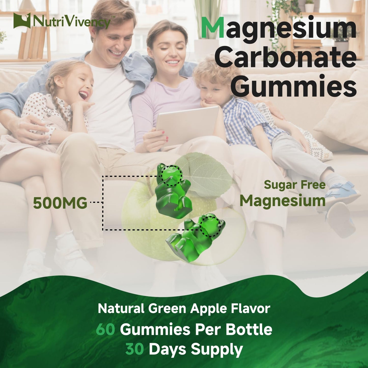 Magnesium Carbonate Gummies 500mg – Vegan, Sugar Free, Green Apple Flavor | Calcium, B6, D3 & Zinc | 30 Servings