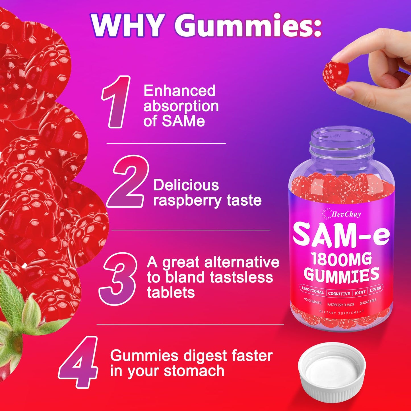HevChay 1800 MG SAM-e Gummies – Brain, Mood, Joints, Liver | 90 Vegan Gummies