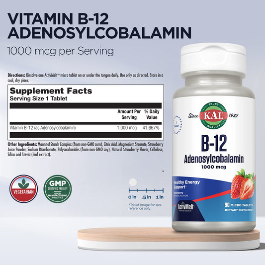 KAL B12 Adenosylcobalamin 1000mcg | Energy Support | Strawberry ActiveMelt
