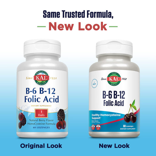 KAL Vitamin B-6 B-12 Folic Acid Supplement – Energy & Heart Support | Gluten Free, Cherry