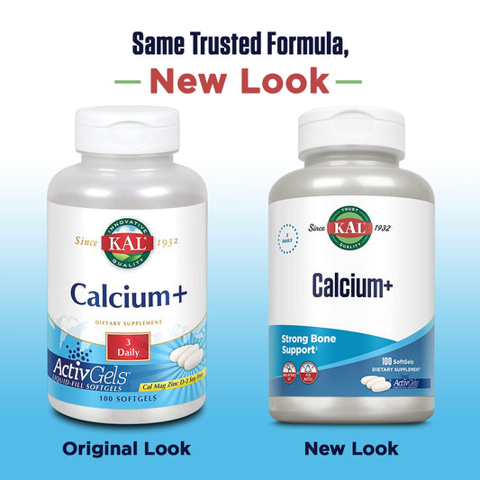 KAL Calcium+ ActivGels 1000mg | Calcium, Magnesium, Zinc & Vitamin D-3 | 100 Softgels | Soy Free