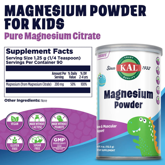 KAL Magnesium Powder for Kids - Pure Magnesium Citrate, 90 Servings, 4 oz