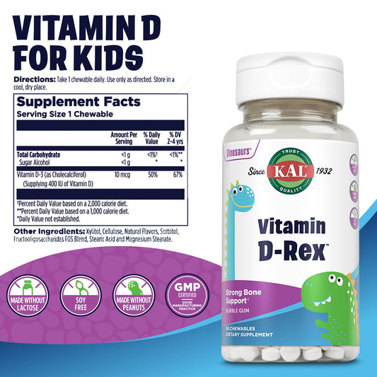 KAL Vitamin D-Rex Kids Chewables – Vitamin D3 400 IU, Bubble Gum, 90 Servings