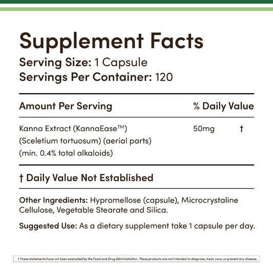 Kanna Extract Supplement 50mg (120 Capsules) - Relaxation & Peace of Mind | Non-GMO, Gluten Free, Vegan Safe | Double Wood