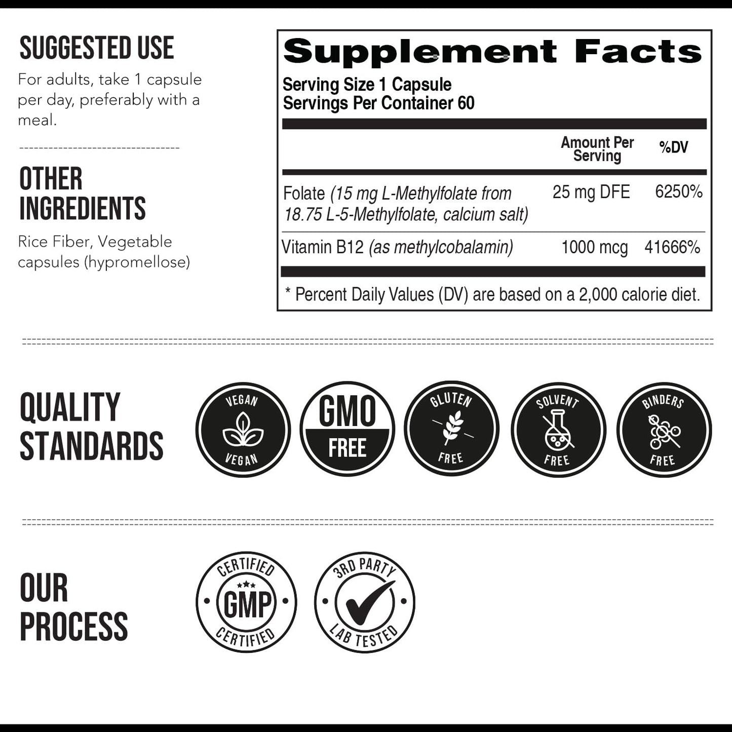 L-Methyl Folate 15mg + Methyl B12 Cofactor – High Potency, Bioactive 5-MTHF Form (60 Servings)