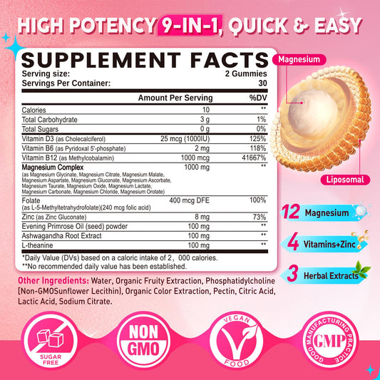 12-in-1 Magnesium Gummies for Women – 1000mg Liposomal Mg Glycinate & D3, Vegan