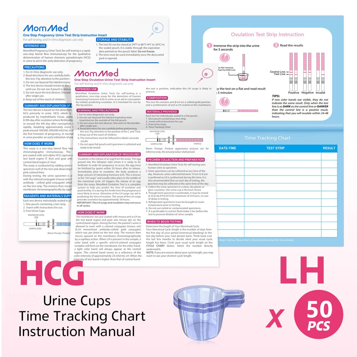 MomMed Ovulation Test Strips – 50 LH Predictor Kit with Cups
