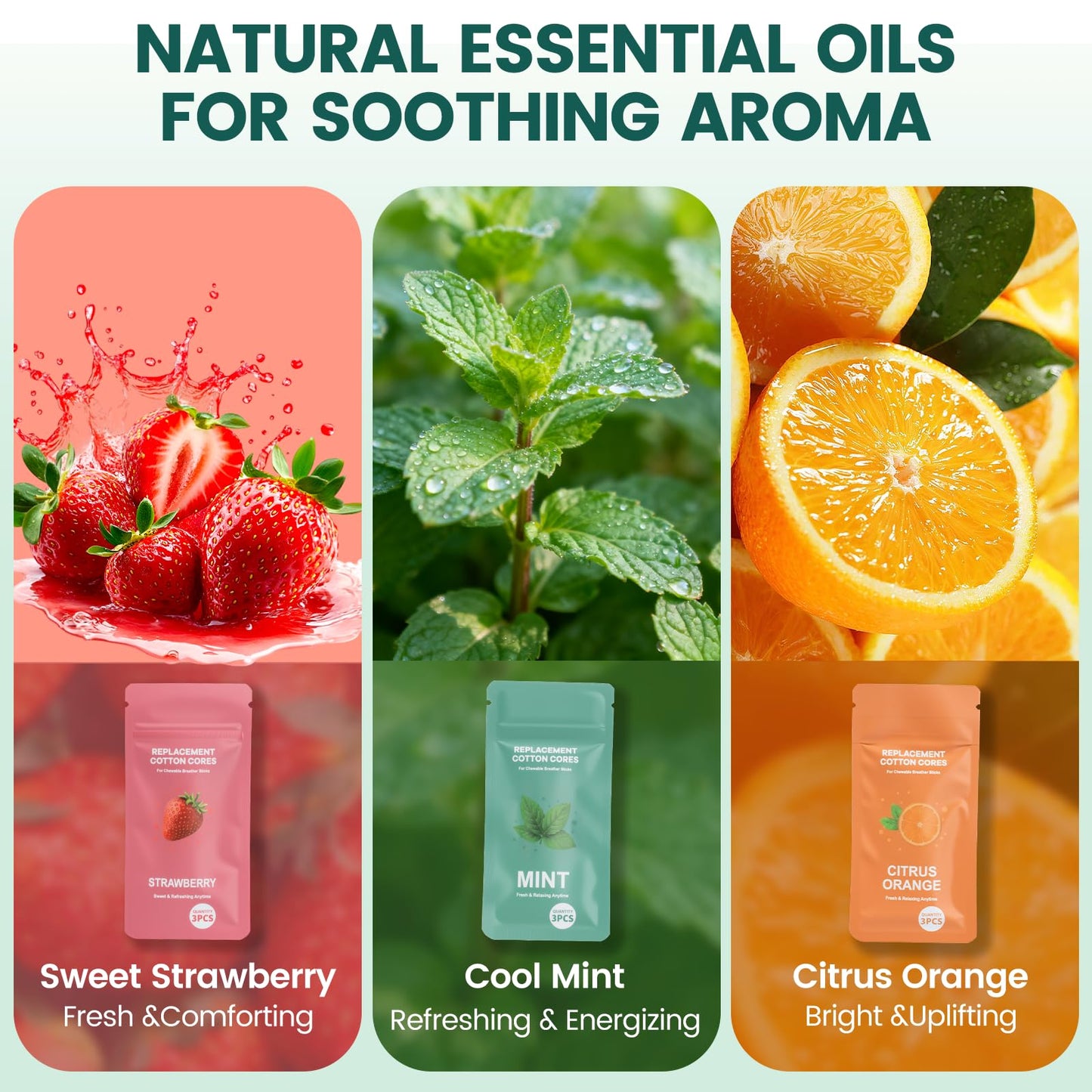 3 Pack Chewable Silicone Aroma Sticks with Essential Oils – Stress Relief & Fresh Breath (Multicolor)