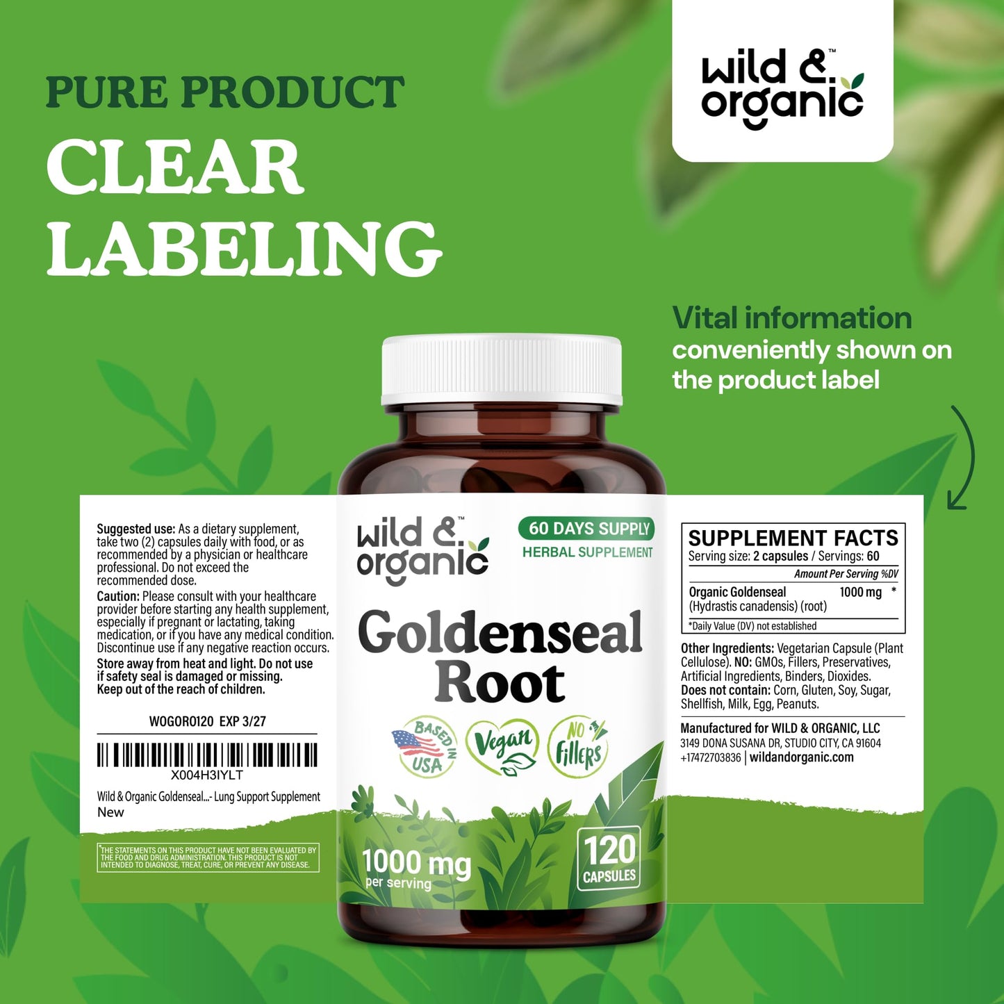 Wild & Organic Goldenseal Root Capsules 1000mg - Immune & Lung Support - 120 Goldenseal Powder Capsules - 2 Month Supply - Vegan, No Fillers, Non-GMO