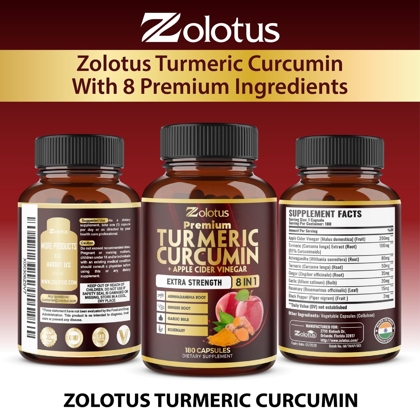 7 in 1 Turmeric Curcumin + Apple Cider Vinegar Capsules – 180 Count, 6 Month Supply