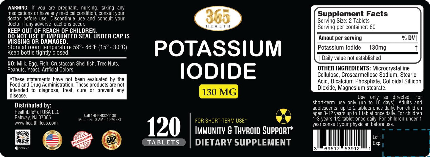 Potassium Iodide 130 mg KI Tablets – 120 Count – USA Made Potassium Iodine Pills