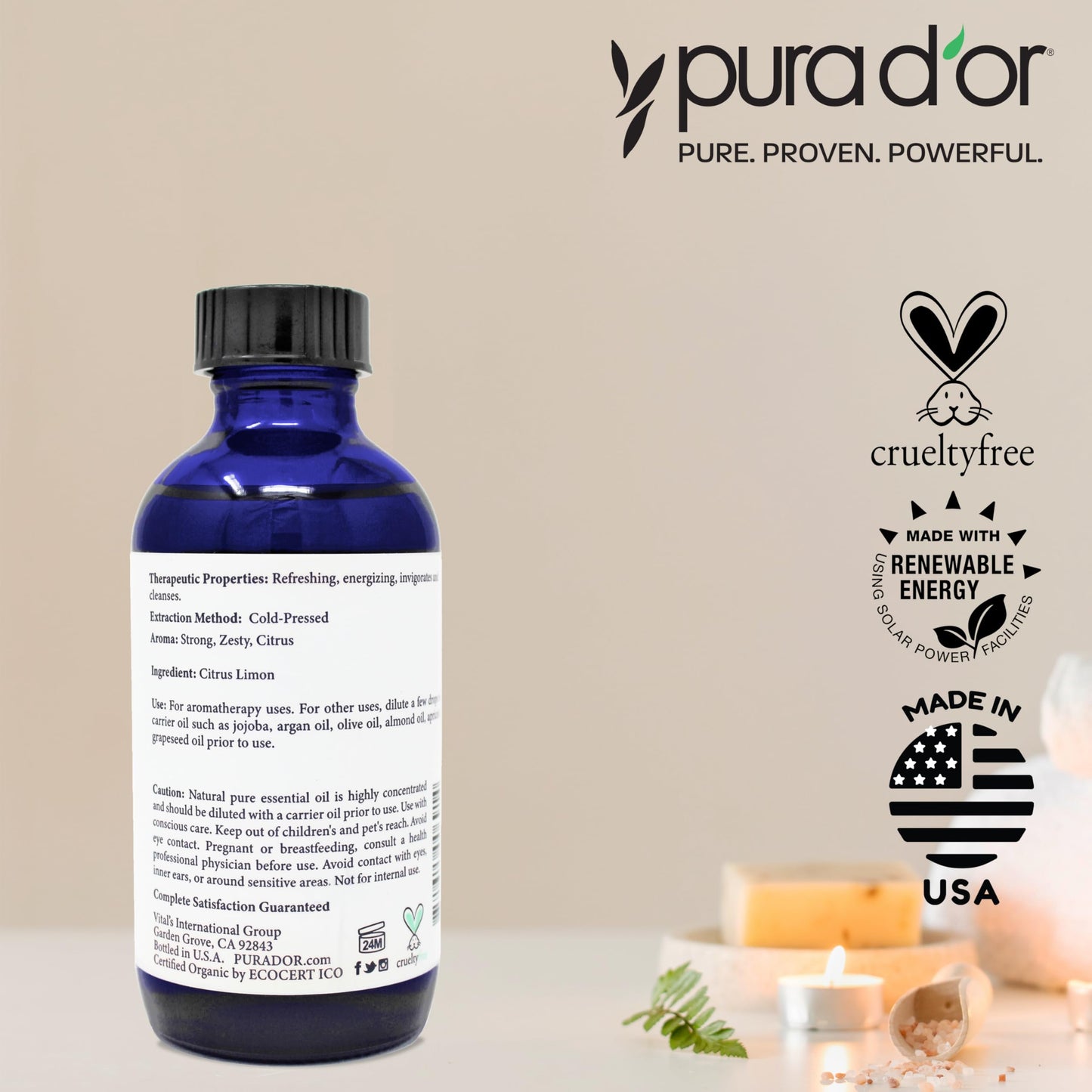 PURA D'OR Organic Lemon Essential Oil (4oz with Glass Dropper) USDA Certified 100% Pure & Natural Therapeutic Grade Diffuser Oil Citrus Scented for Aromatherapy, Mood Uplift, Energy, Focus