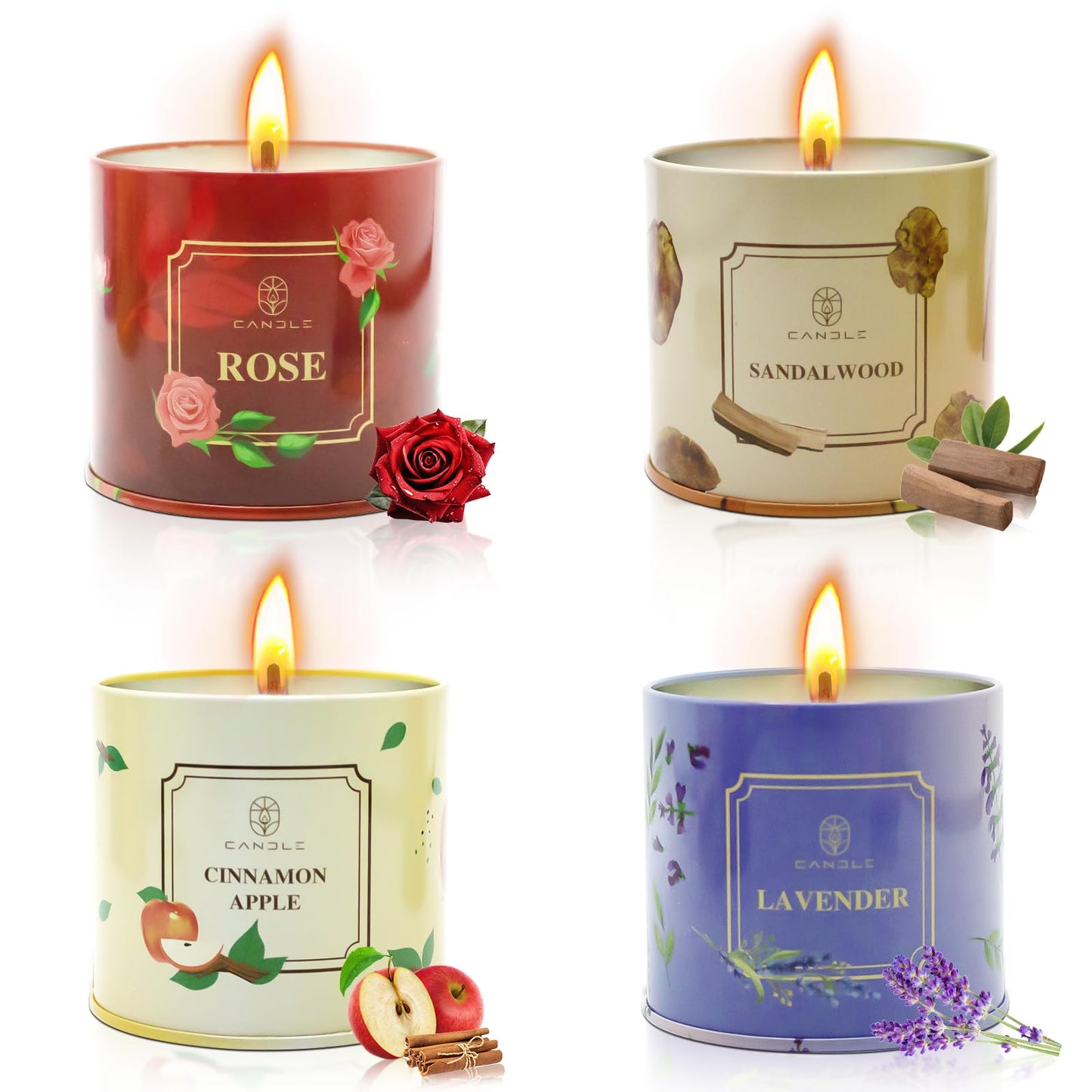 Scented Candles 4 Pack – Soy Wax, 50-Hour Burn, Rose, Lavender, Sandalwood & Cinnamon Apple Gift Set