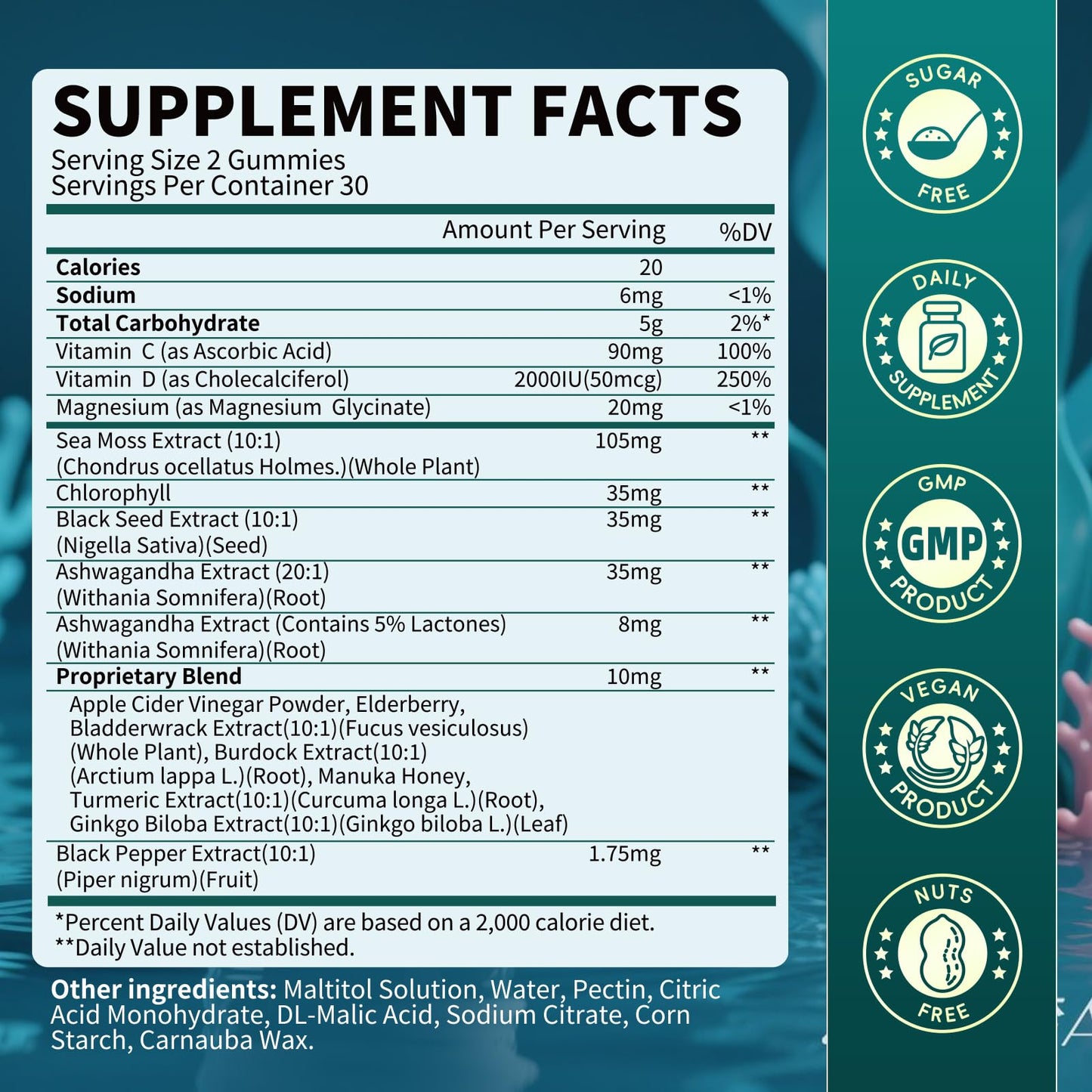 Sea Moss Gummies with Ashwagandha & Chlorophyll – Immune, Digestive & Gut Detox Support | Vegan, Non-GMO, Apple Flavor, 120 Gummies