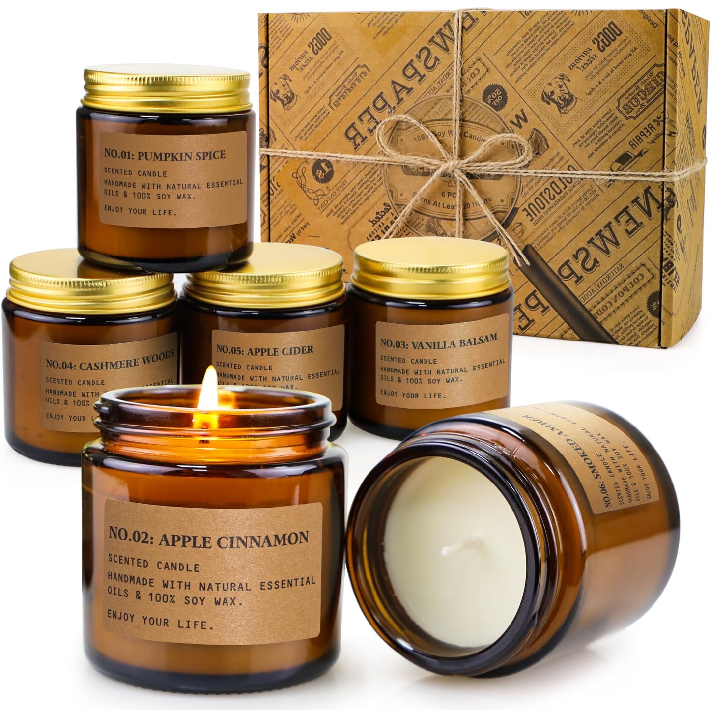 Fall Candles for Home: 6 x 3.5 oz Soy Wax, 150 Hours Long-Lasting – Pumpkin Spice & Apple Cinnamon