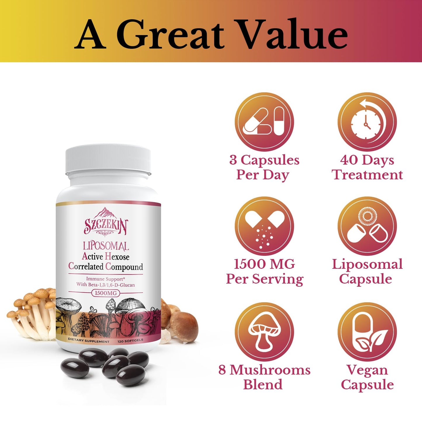 SZCZEKIN 1500mg Liposomal Active Hexose Correlated Compound — 360 Soft Gels, 8-Mushroom Blend + 300mg Beta-Glucans