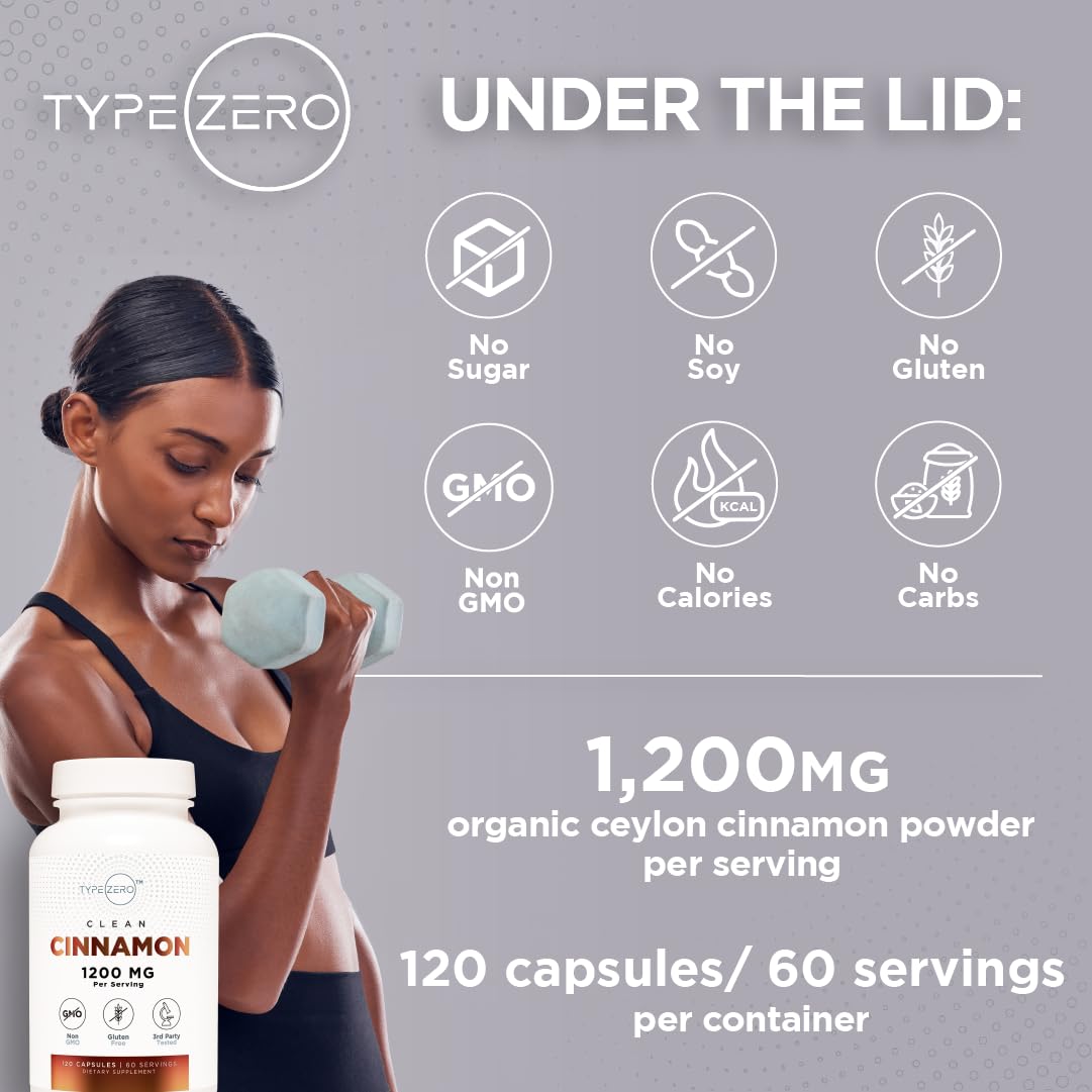 Type Zero Ceylon Cinnamon Capsules 1200mg | 120 Capsules - Natural Non-GMO Gluten Free Organic Cinnamon Bark Supplement (Pack of 2)