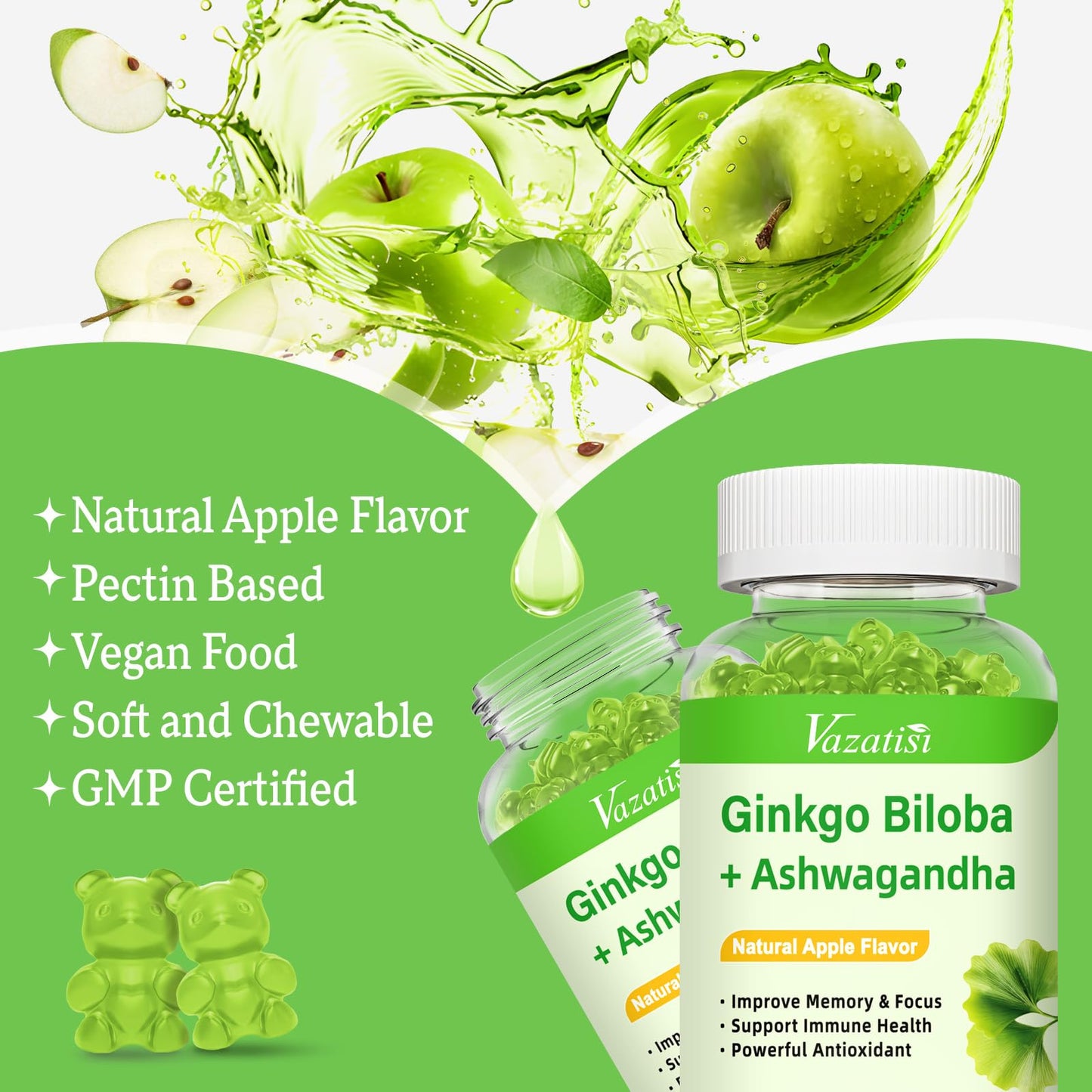 Vazatisi 2 Pack Ginkgo Biloba Gummies 240MG with Panax Ginseng – Mood, Focus & Brain Health (Apple Flavor)