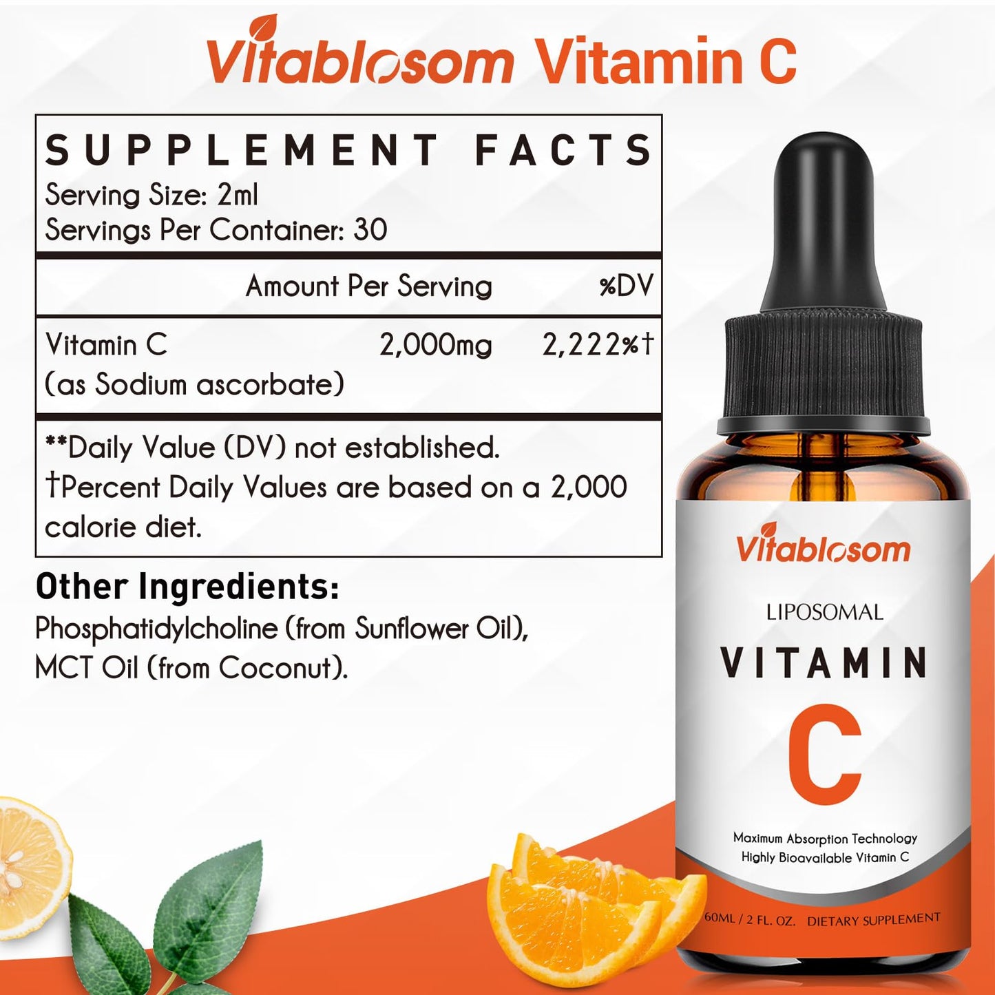 Vitablosom Liposomal Vitamin C 2000mg Liquid - High Absorption Immune Support - 60ML (2 Bottles)