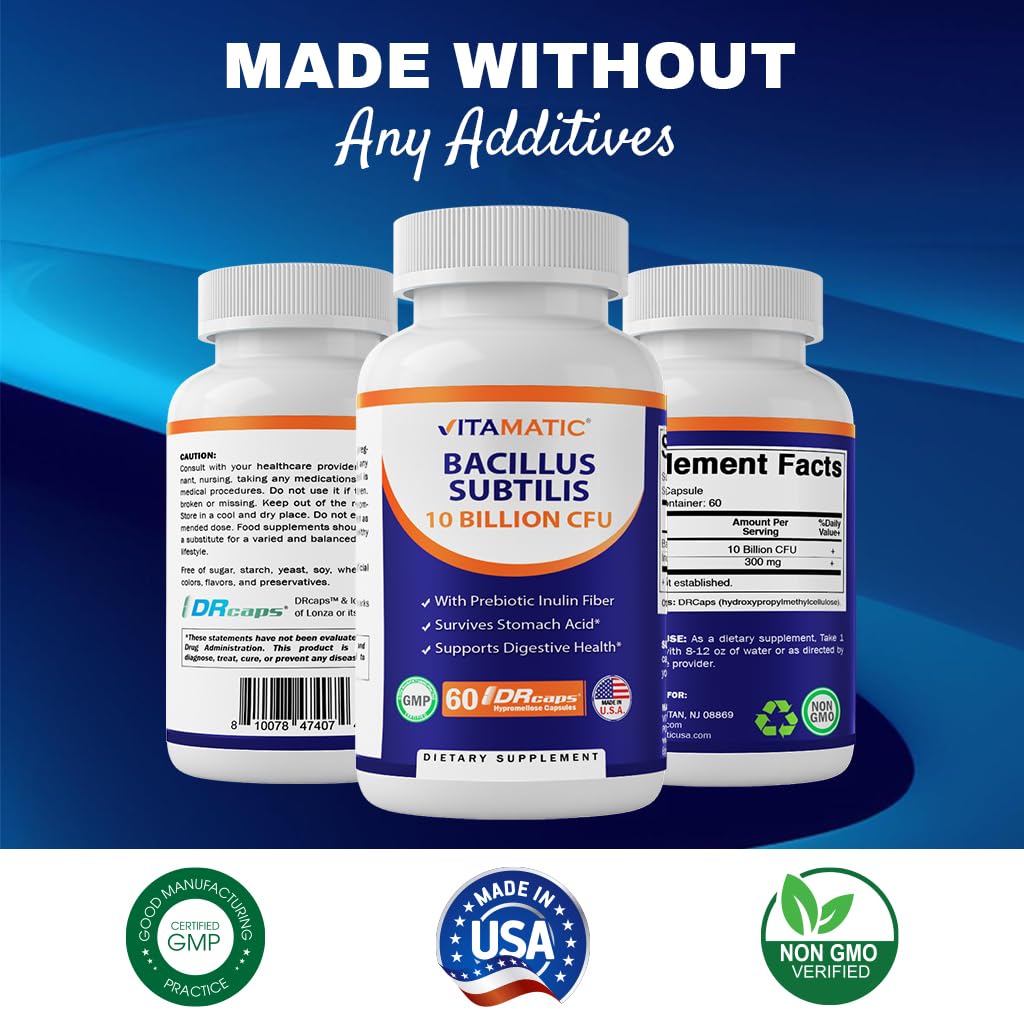 Vitamatic Bacillus Subtilis 10B DR Capsule – 60 Count | Digestive & Immune Health + Prebiotic Inulin