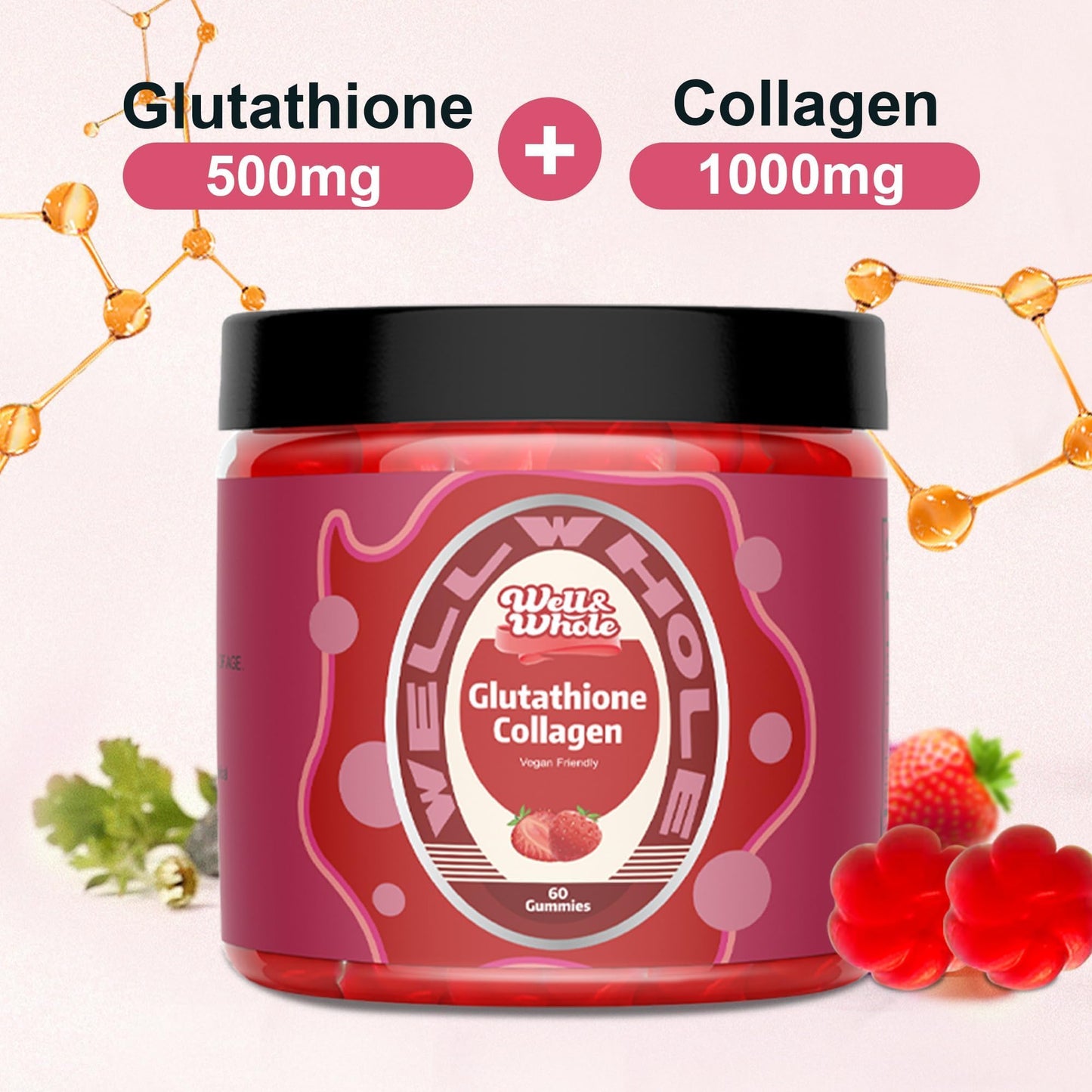 Well&Whole Glutathione 500mg + Collagen 1000mg Gummies β Skin Brightening & Anti-Aging | Vegan, Strawberry, 60 Count