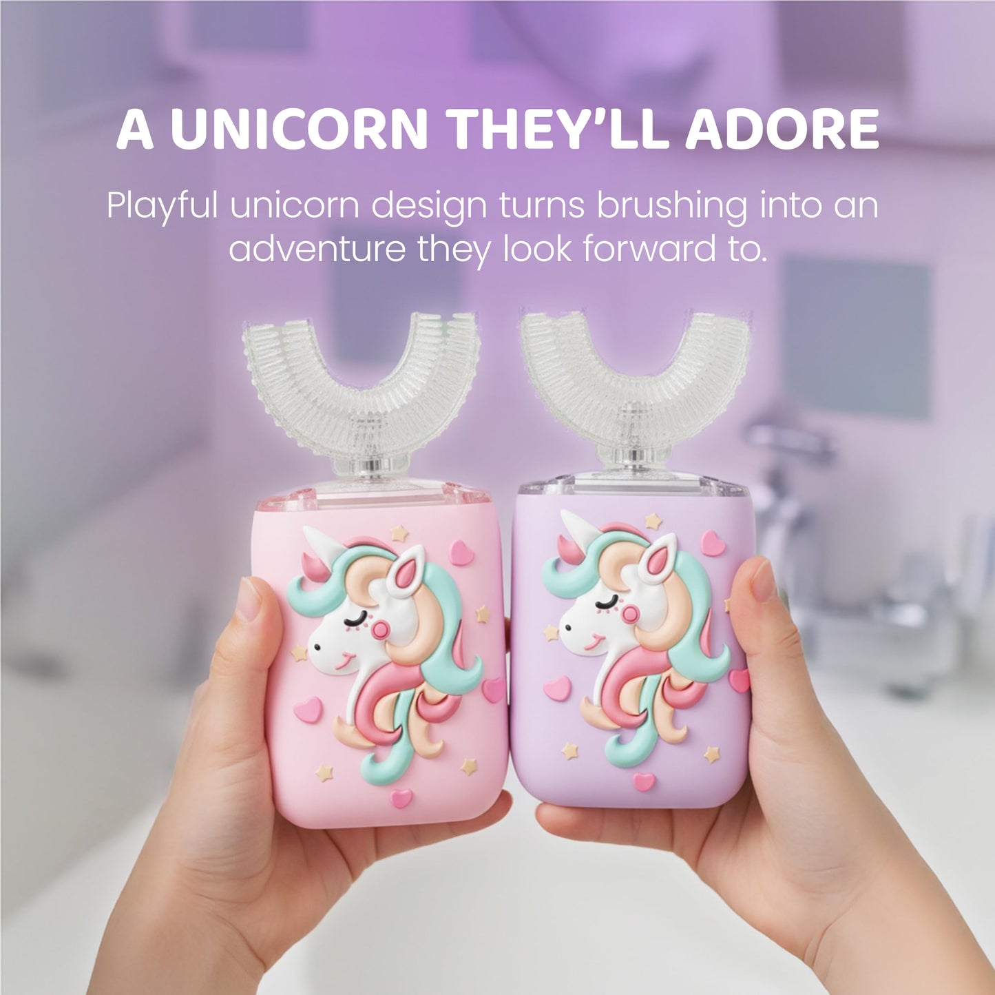 Well Before Ultrasonic Kid's U-Shaped Toothbrush – IPX7 Waterproof, 5 Modes (Unicorn/Purple) Ages 2-7