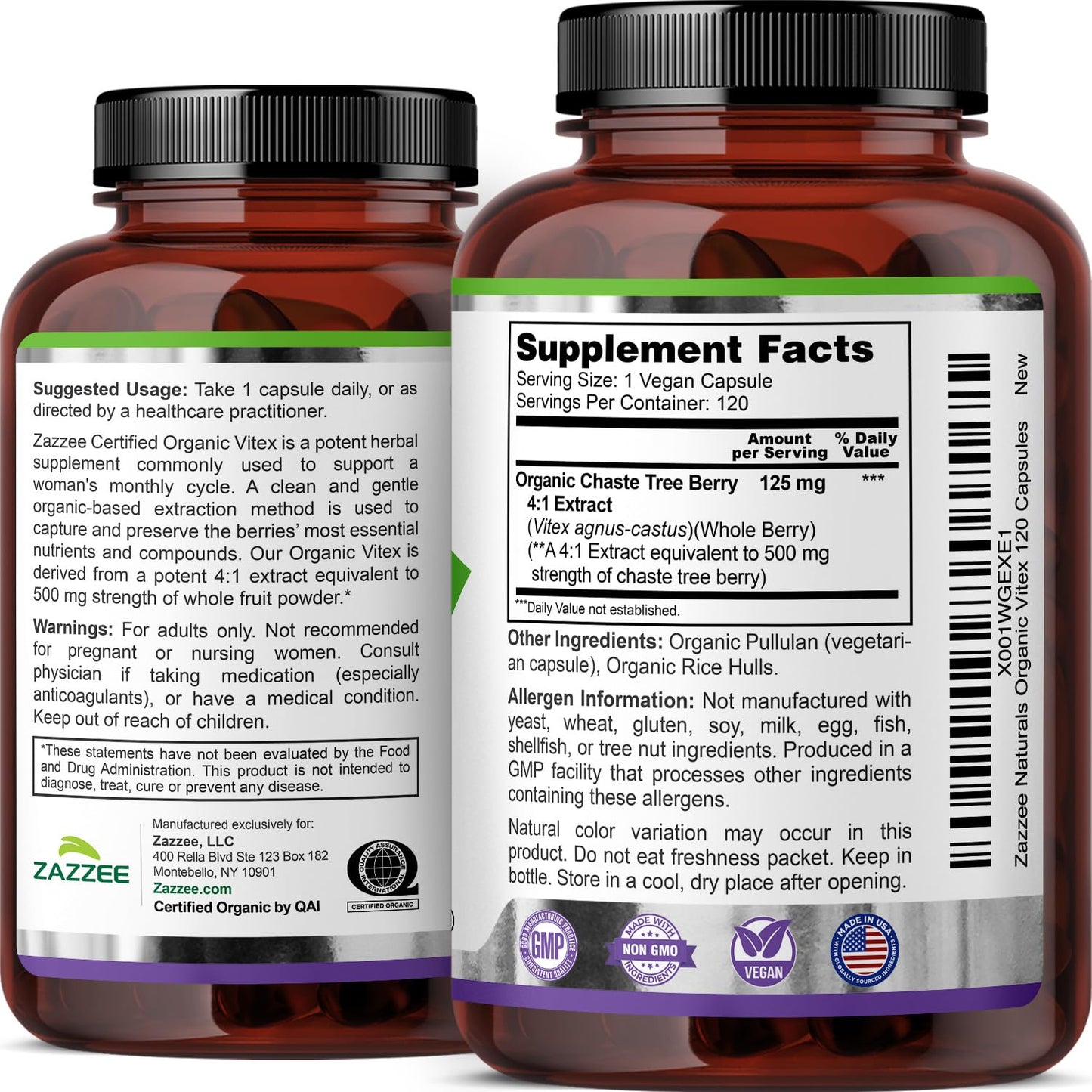 Zazzee USDA Organic Vitex 500 mg | 120 Vegan Capsules | 4-Month Supply